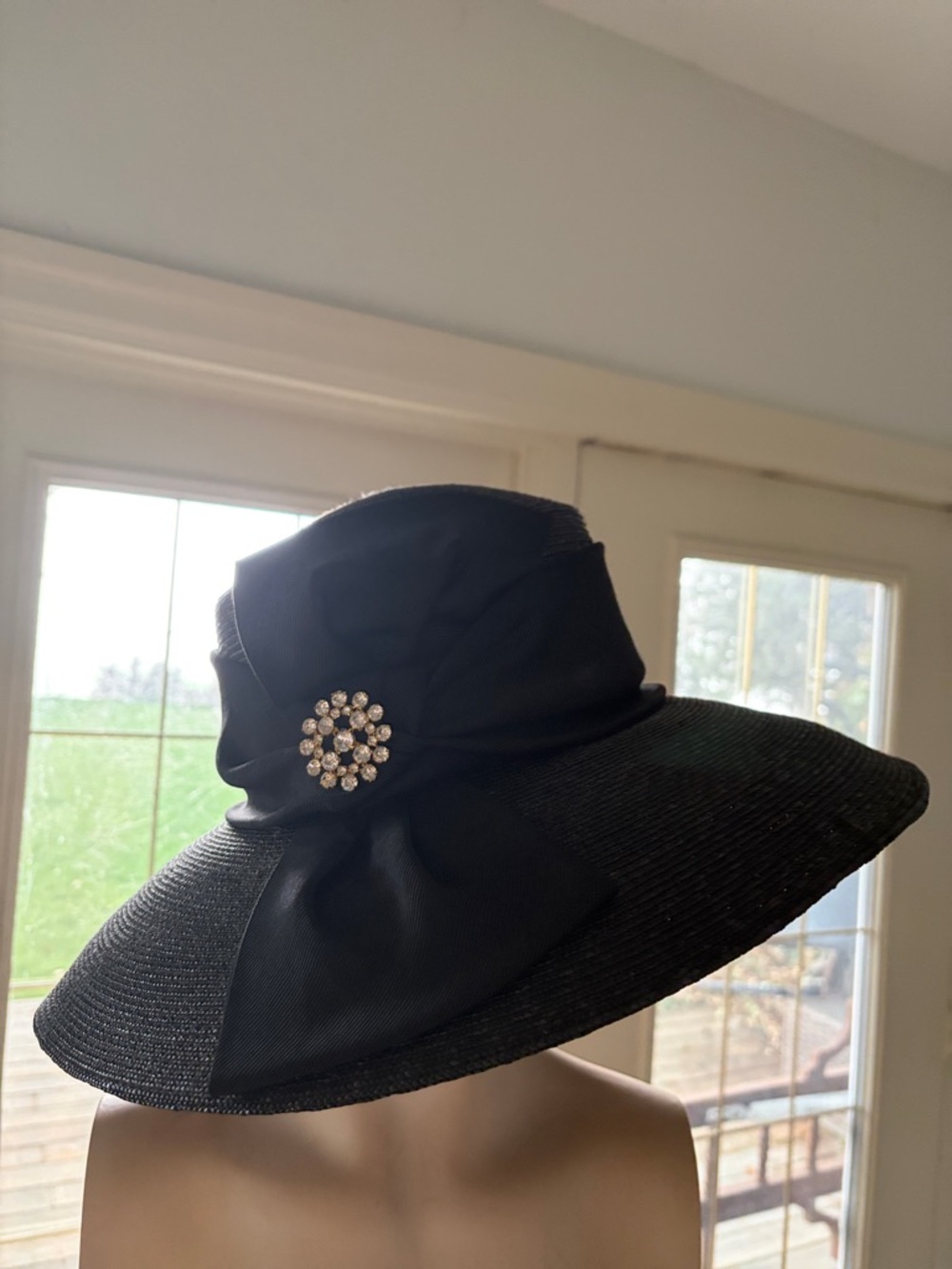 Black Wide-Brim Dress Hat with Rhinestone Brooch